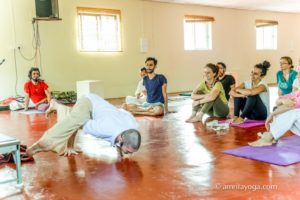 amrita yoga class demonstrate handstand variation yogasana