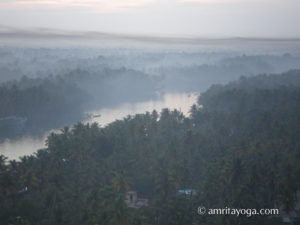 Amritapuri ashram backwaters with mist