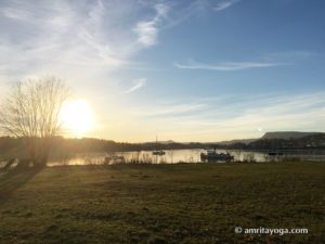 sunrise with lake and blue sky